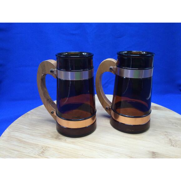 Siesta Ware Amber Brown Barrel Glass Beer Mug Wood Handle 2 - Picture 3 of 10